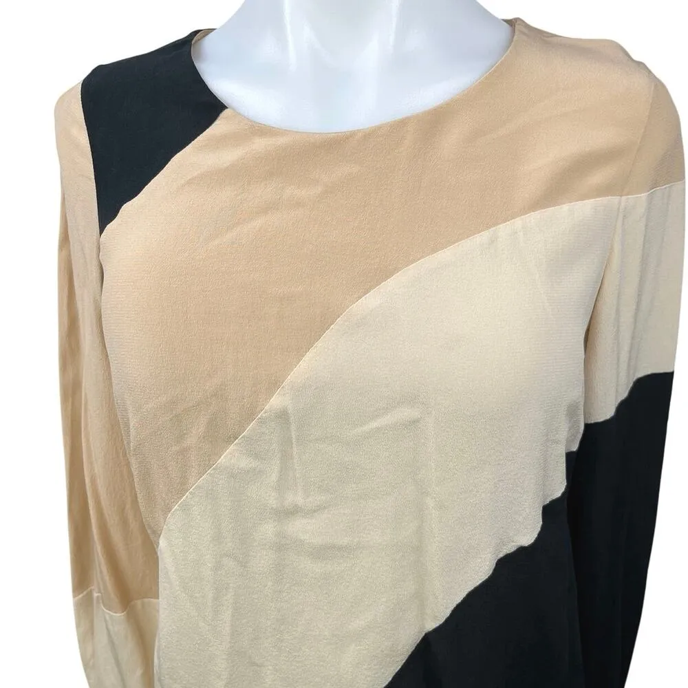 Diana Von Furstenberg Cream Black 100% Silk Colorblock Long Sleeve Blouse Top 2 - Image 3