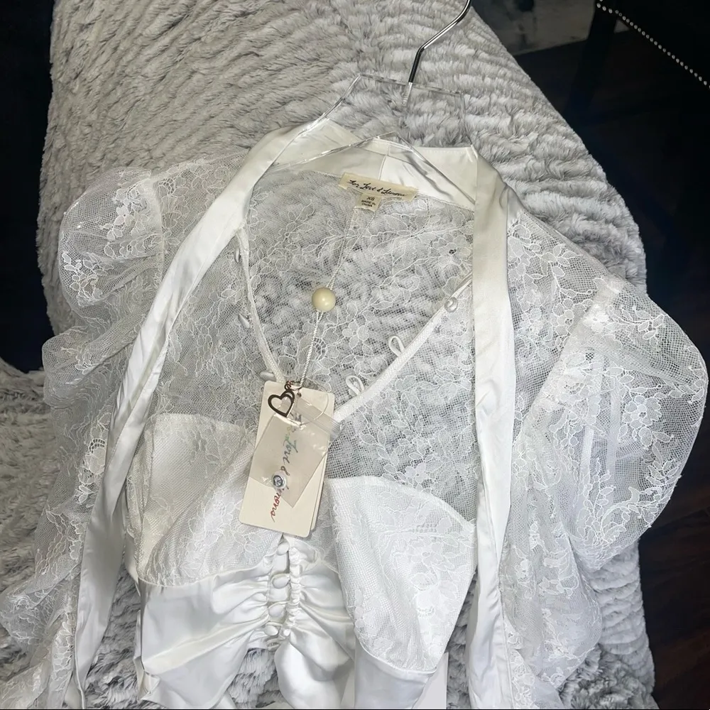 For Love & Lemons White Farrah Button Up Lace Blouse w/ P ussy Bow + Waist Tie - Image 5