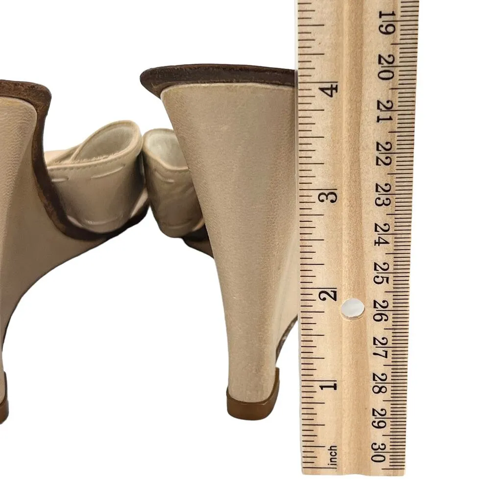 BCBGMaxAzria Wedge Leather Sandals Cream Size 7.5 Mule Strappy Slip-On Open Toe - Image 7