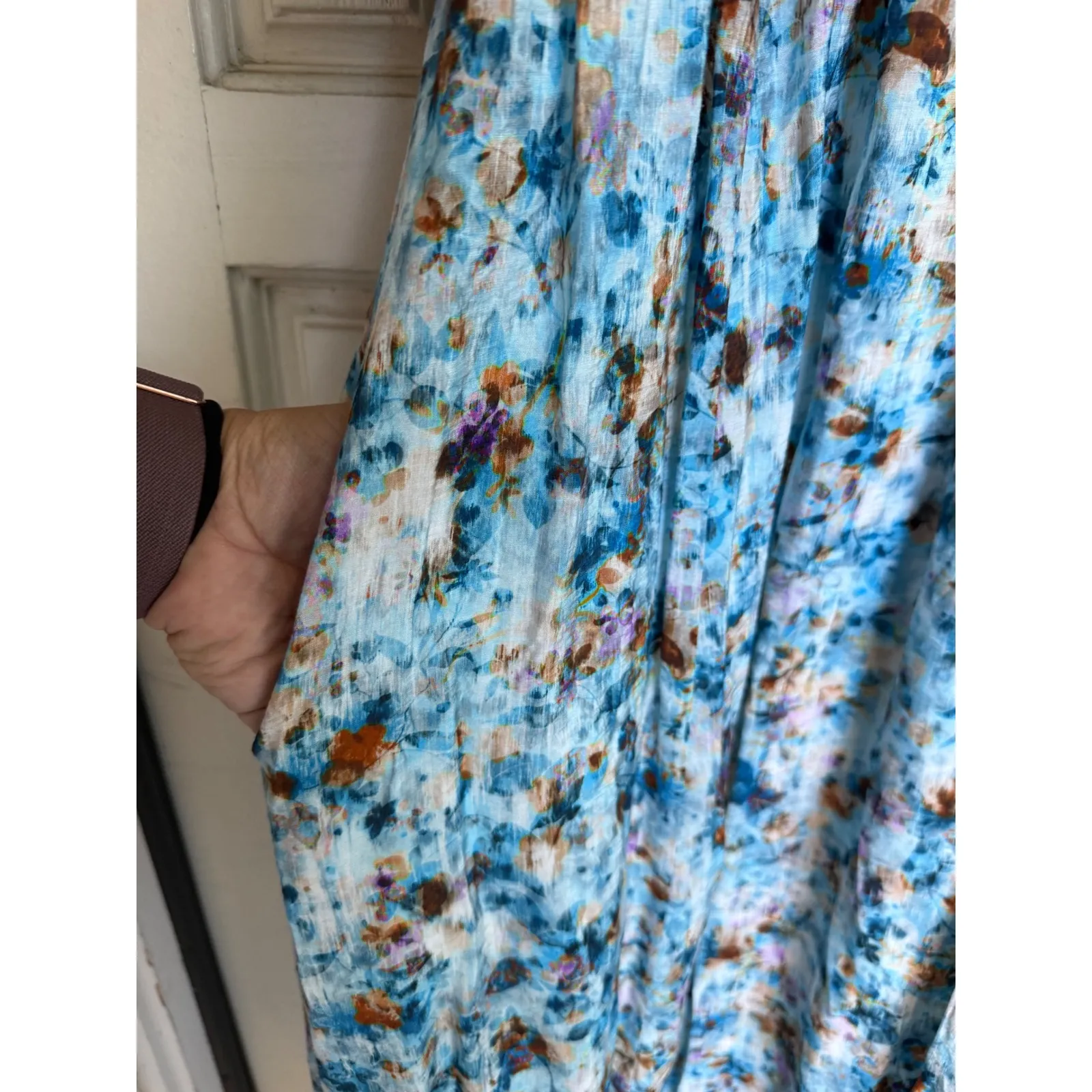 Anthropologie‎ Floral Print Blue Midi Dress Puff Sleeve Smocked Casual Size XS - Image 5