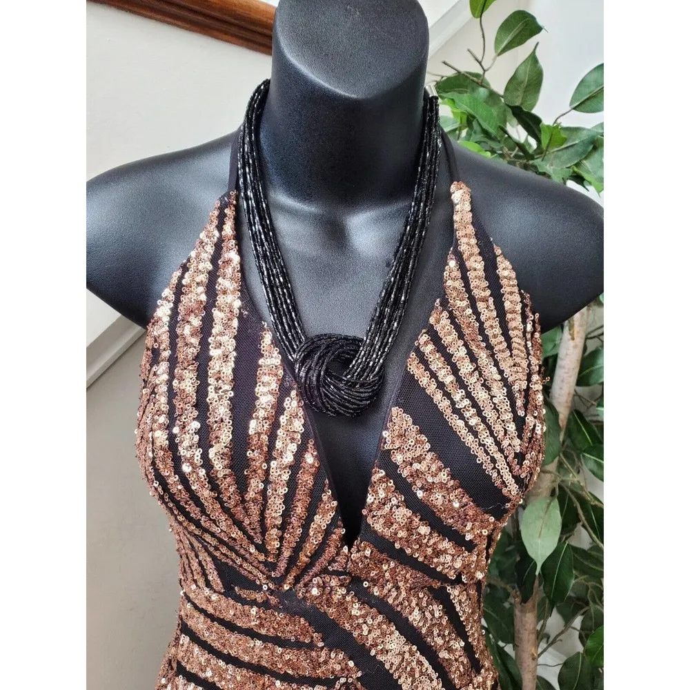 Cameo Sequins Black & Gold Polyester Halter Neck Party Wear Maxi Dress Small - Image 2