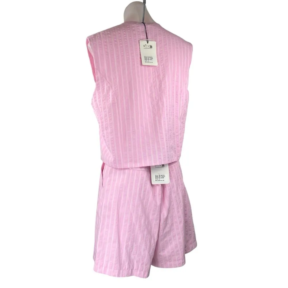 NEW Glamorous Pink White Striped Sleeveless Button Up Vest Top Shorts Set Sz 10 - Image 2