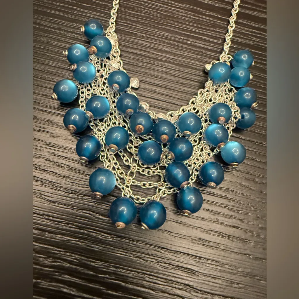 NWT Silver and Blue Bib Necklace Beaded Fringe Statement Necklace - Image 3