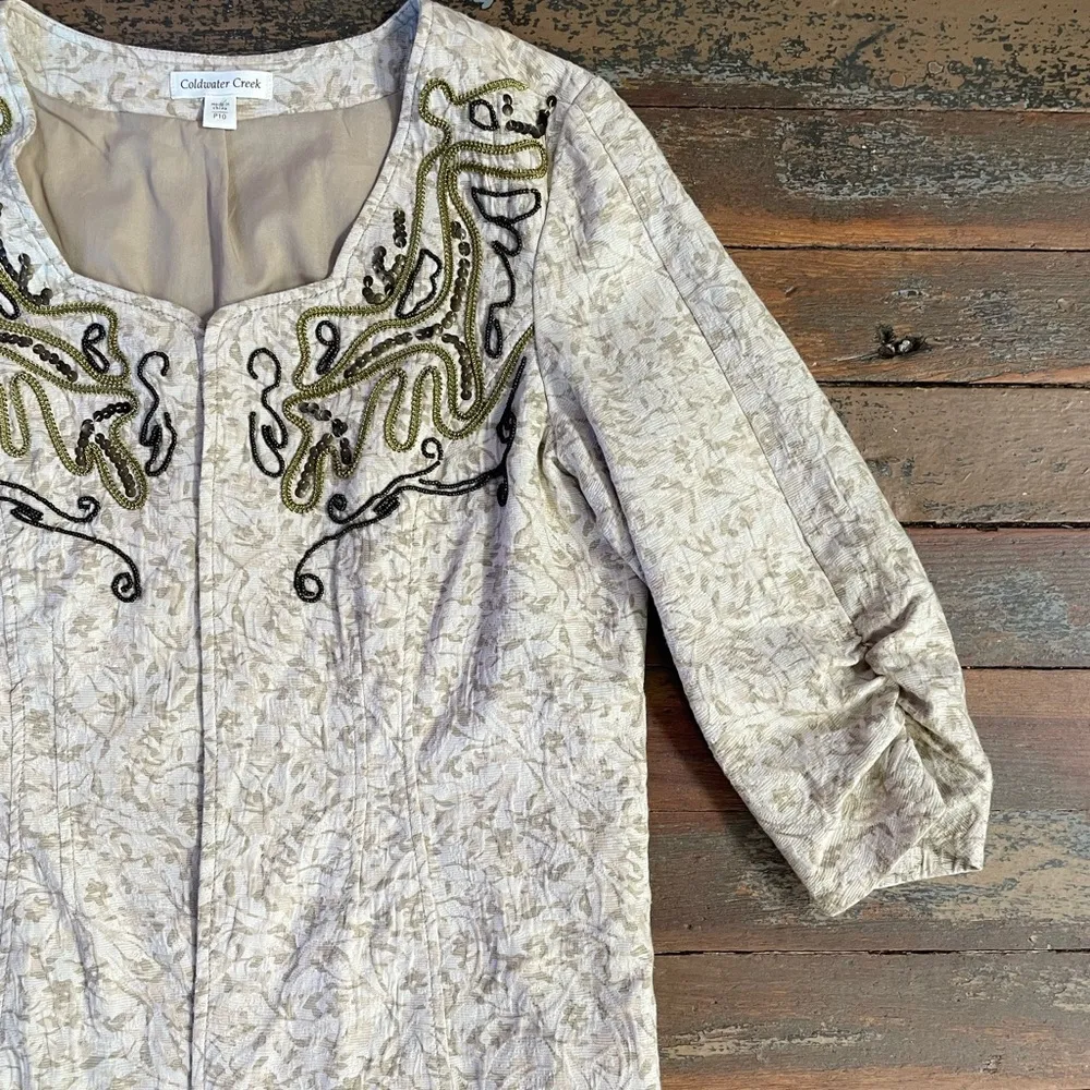 Coldwater Creek Beaded Scroll Embroidered Cream Open Ruched Jacket - Sz 10P 💚🎀 - Image 13