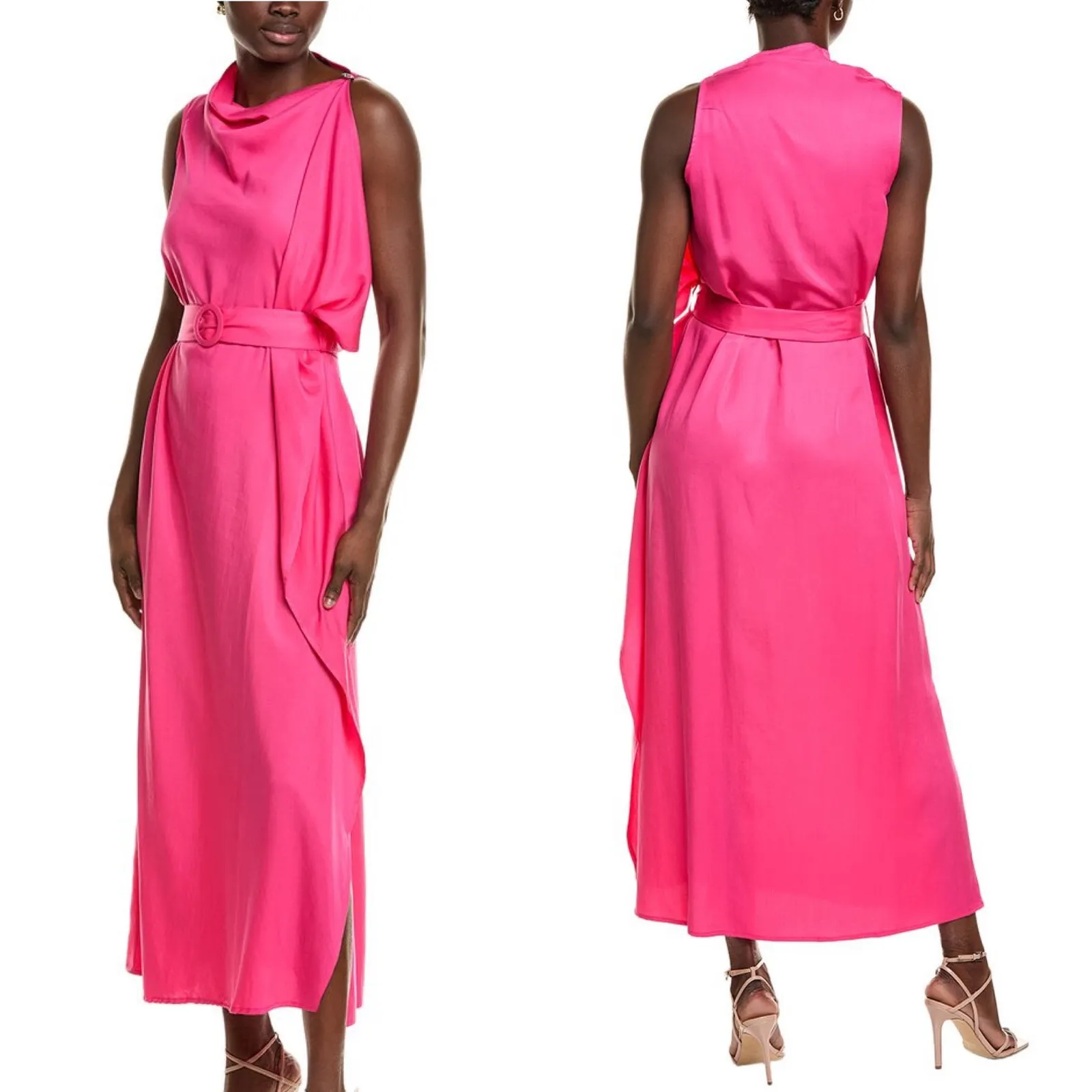 BGL Hot Pink Fuchsia Draped Neckline Belted Midi Dress Size XS - Image 10