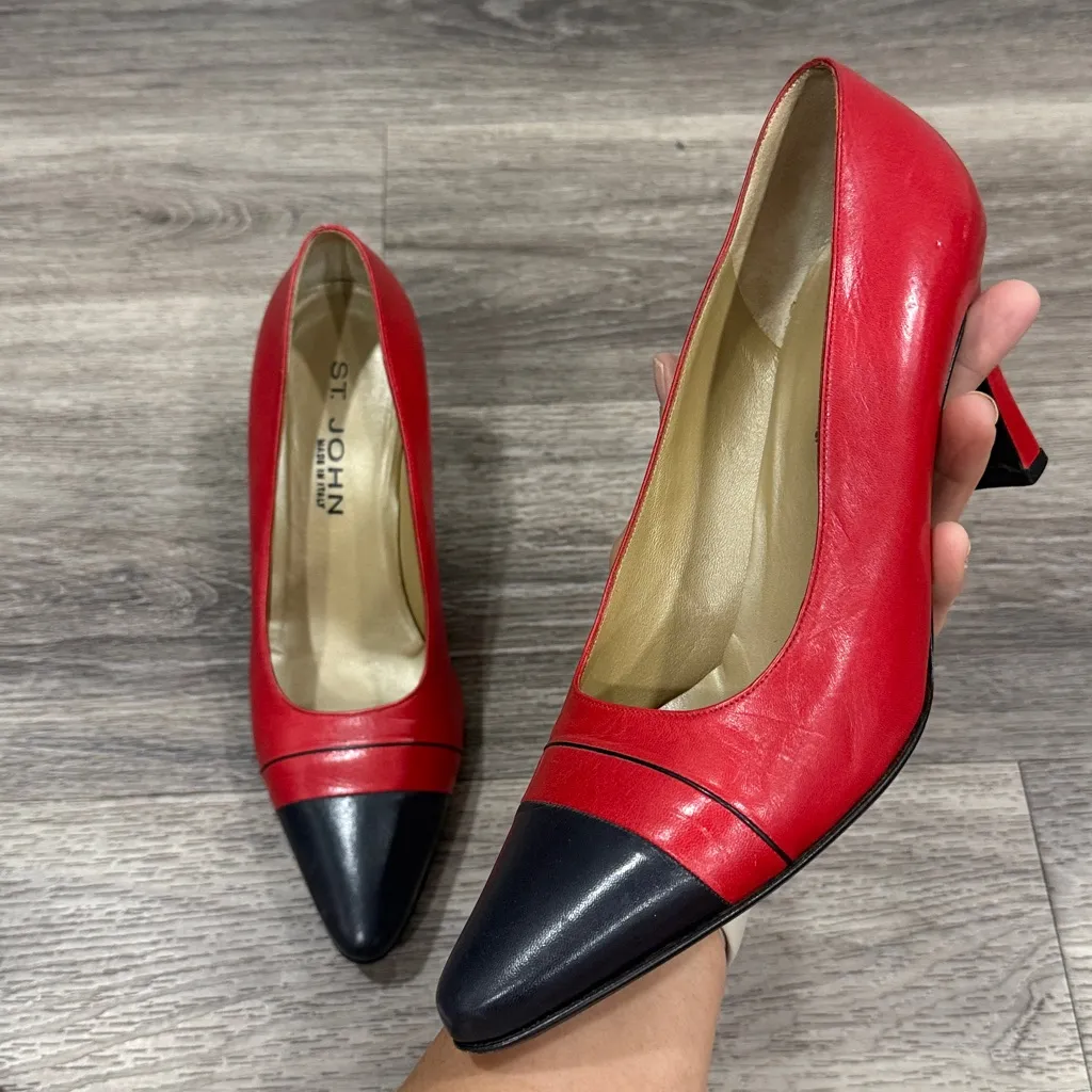 St. John Red and Navy Leather Pumps 8.5 Vintage Women’s Shoes - Image 3