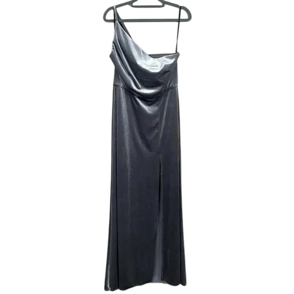NWT After Six One Shoulder Spaghetti Strap Velvet Maxi Gown Dress 6 Caviar Gray - Image 16