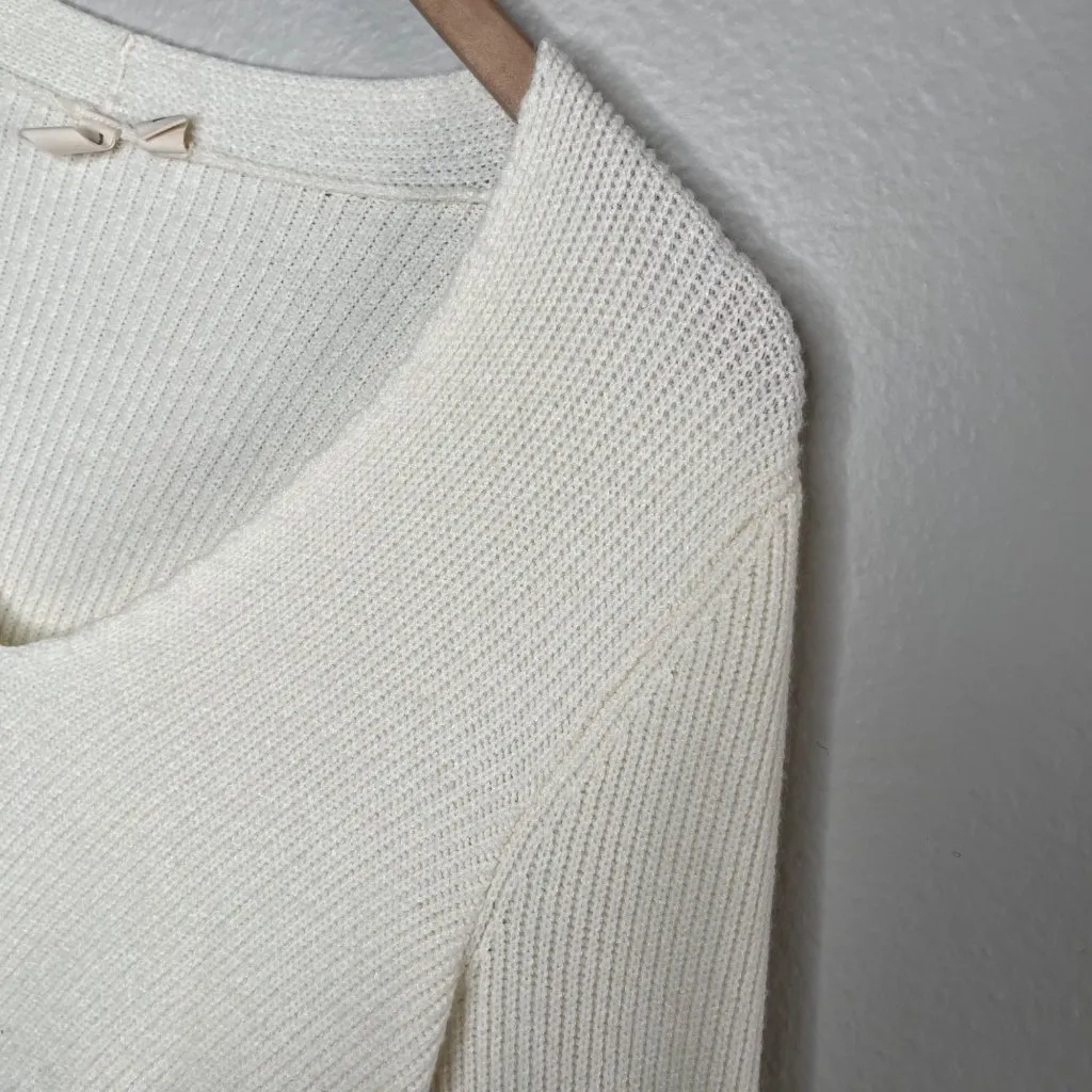 Moth Anthropologie Womens Ivory White V-Neck Front Tie Knit Sweater Medium - Image 5
