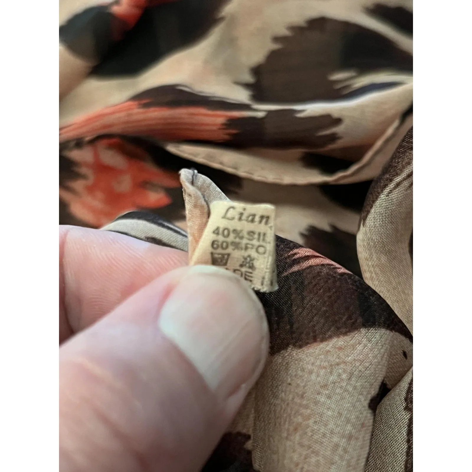 Leopard Print Scarf Womens One Size Beige Brown Orange Silk Blend Sheer - Image 5