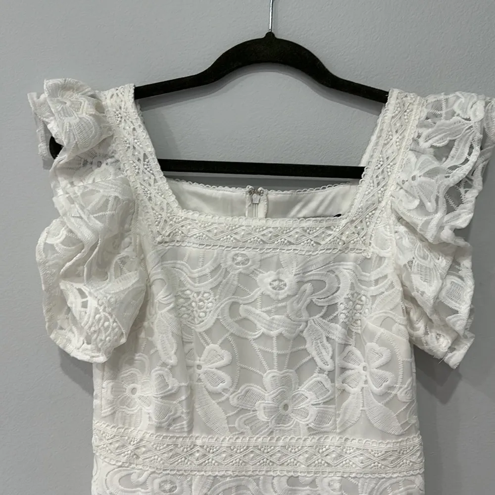 NWT  White Ruffle/Short Sleeve Scoop Neck Midi Lace Drop Waist Dress Sz Small - Image 2