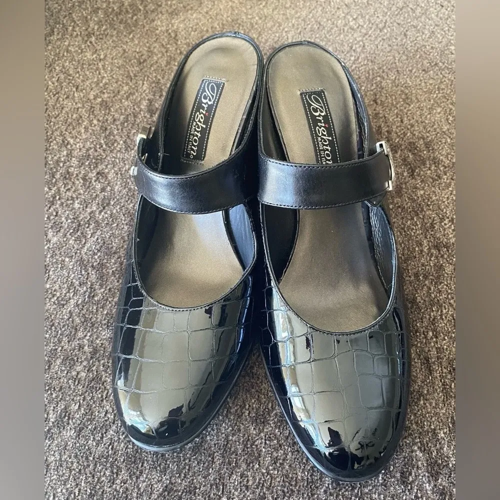 Brighton BEAU Black Patent Leather Croc Mules High Heels Size 8M  -MSRP $235.00! - Image 2