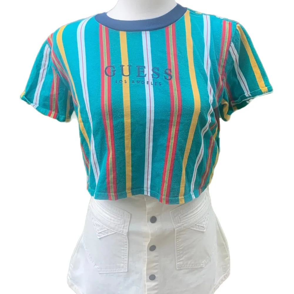 Guess  T-shirt Crop Top Short Sleeve Tee Colorful Green Striped Size XS - Image 2
