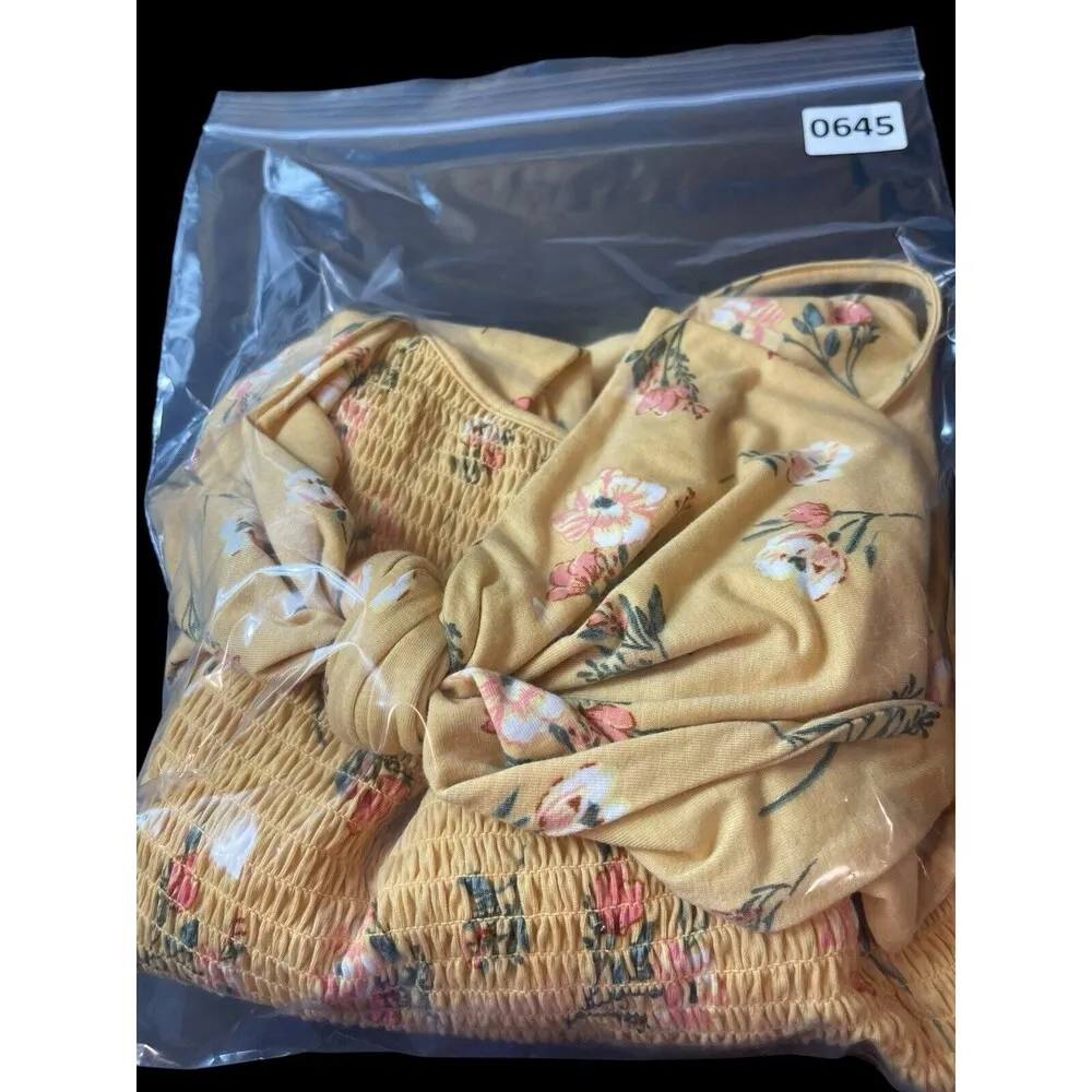 No Boundaries Yellow Floral Smocked Tie Front Back Cut Out Summer Jumpsuit L NWT - Image 13