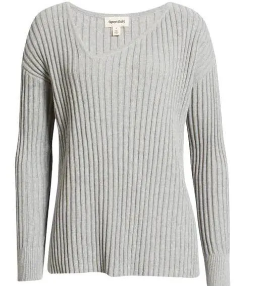 NEW Open Edit Ribbed Sweater Asymmetric Vneck Tunic Long Sleeve Gray Size Small - Image 1