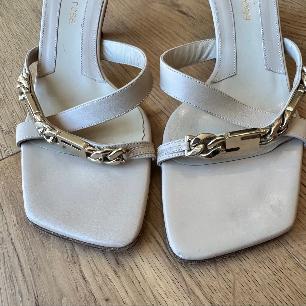 Sergio Rossi Monogram Chain Strap Mule Sandals Kitten Heel, Size 37.5 EU, EUC - Image 5
