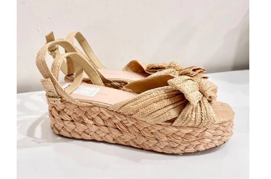 Loeffler Randall Gaby Pleated Bow Braided Espadrilles Sandals Natural Size 11 - Image 5