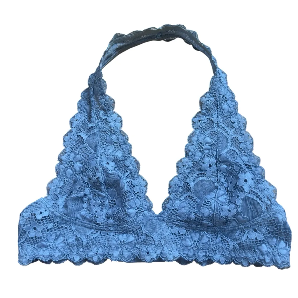 Free People Lace Halter Bralette Blue Floral Sheer Stretch Bra Small‎ Sexy Cute - Image 2