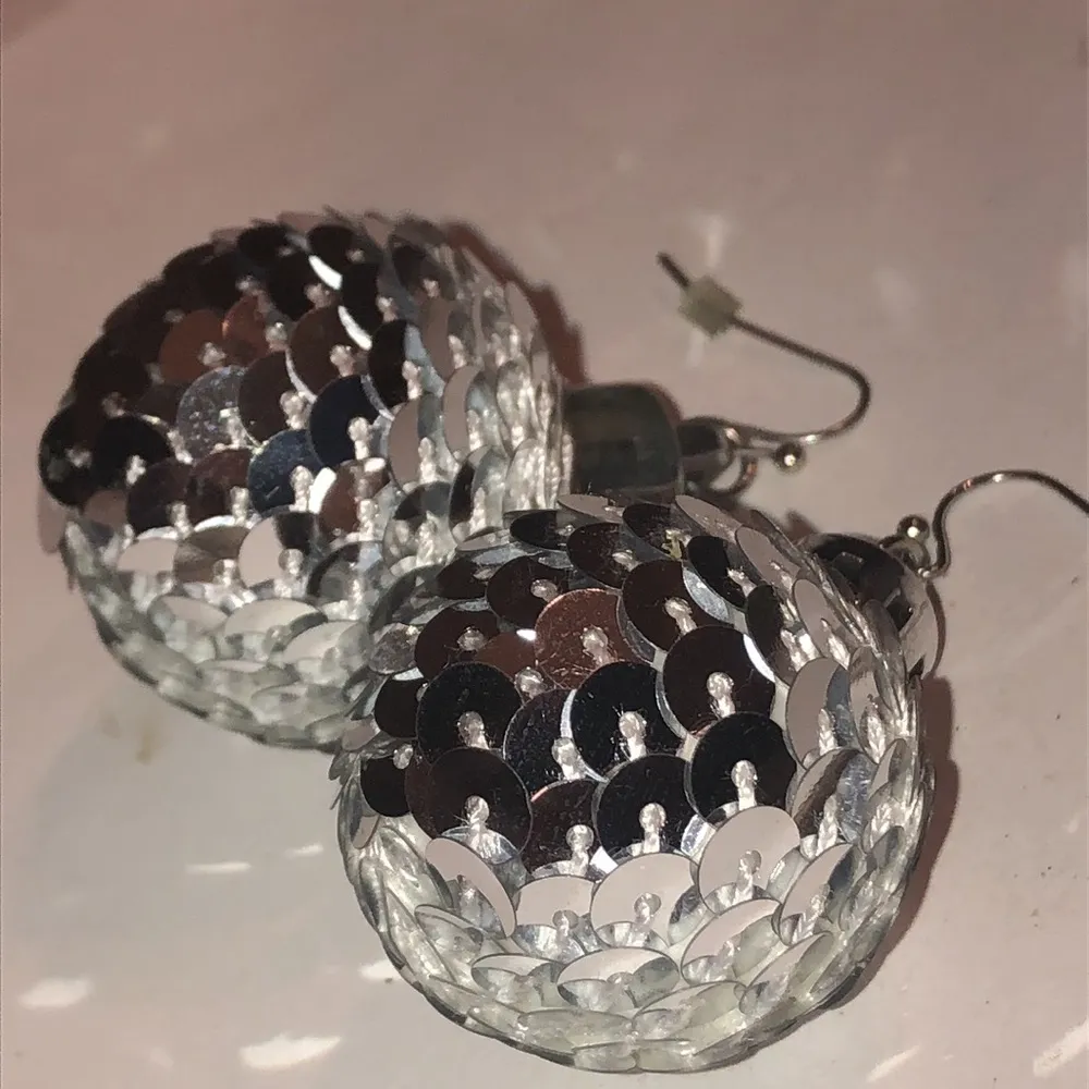 Silver Tone Sequin Huge Round Ball Drop Dangling Boho Pierced Earrings - Image 4