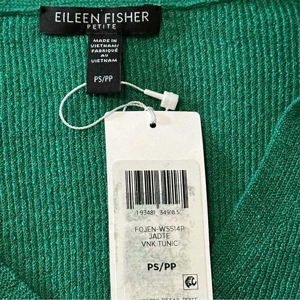 Eileen Fisher NWT Women’s S P Jade Green Linen Blend Ribbed V-Neck Tunic Sweater - Image 4