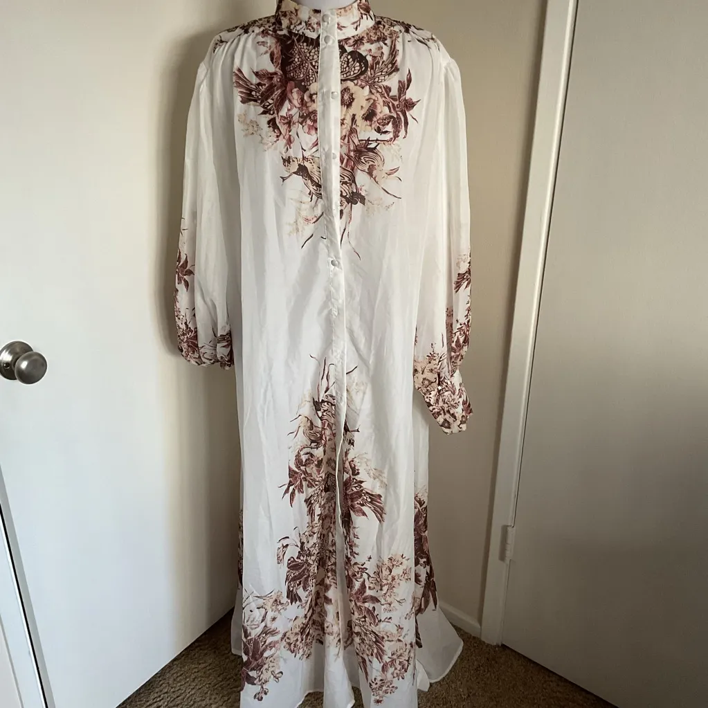 Floral Maxi Shirt Dress Sheer Long Sleeve Size Large. White - Image 5