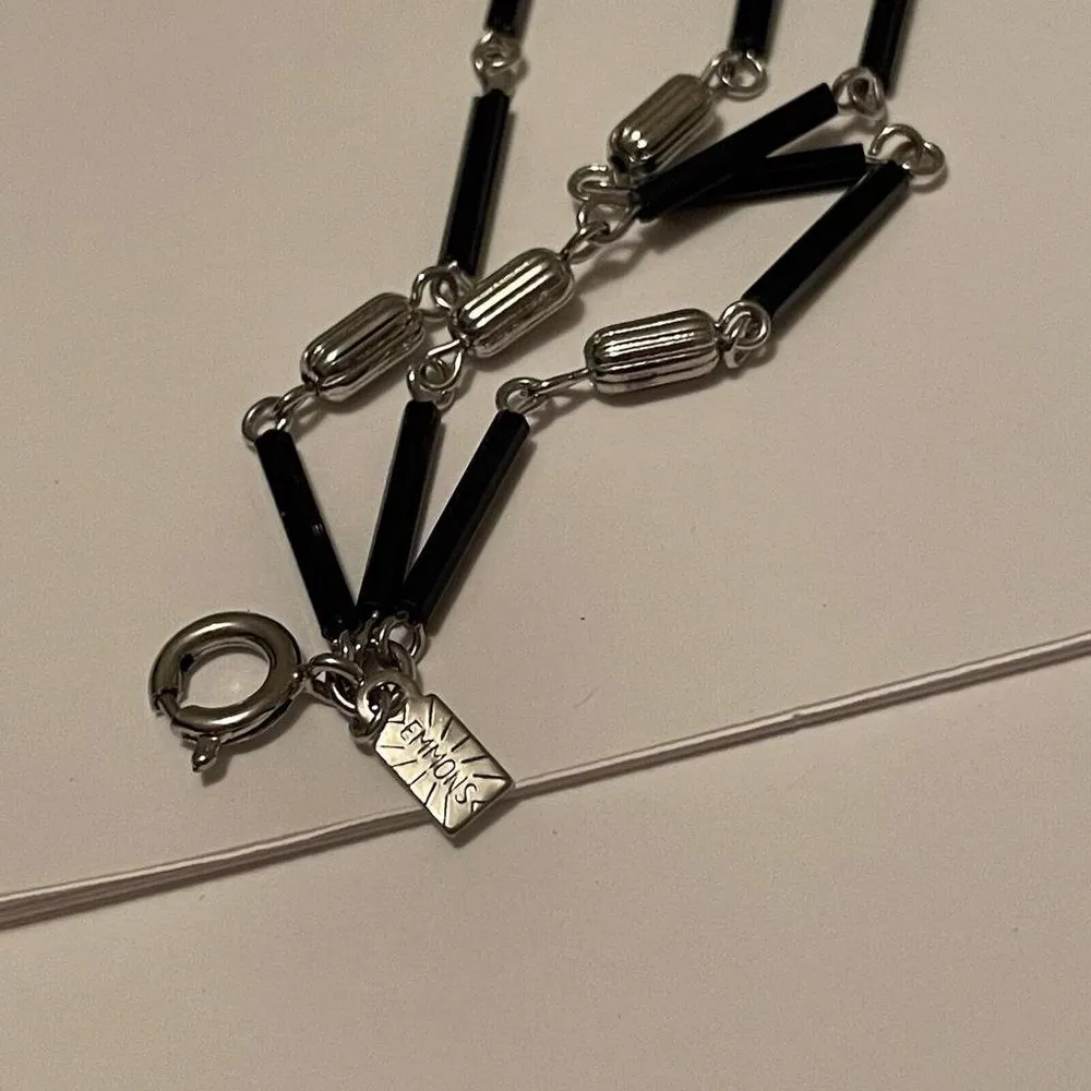 Signed EMMONS Costume Necklace - Silver Tone / Black Bead Multi Strand Chain - Image 10