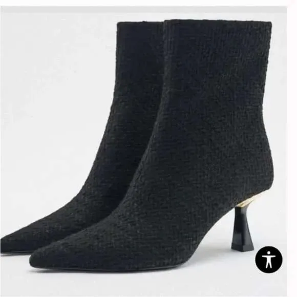$90 NWOT Zara Black Textured Pointed Toe Sock Booties Gold Heel Ankle Women's 36 - Image 2