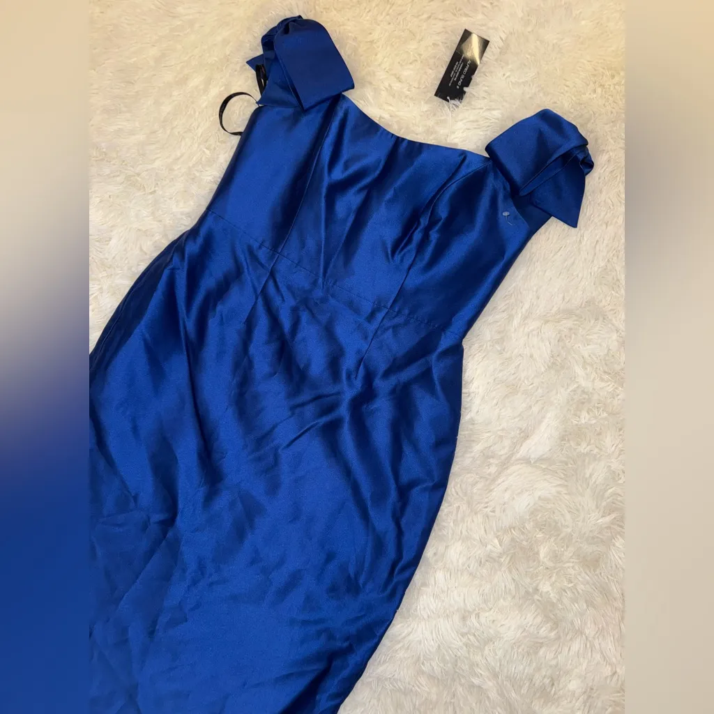 NEW Alfred Sung Bow Off the Shoulder Satin Column Cobalt Blue Gown Sz 14 - Image 5