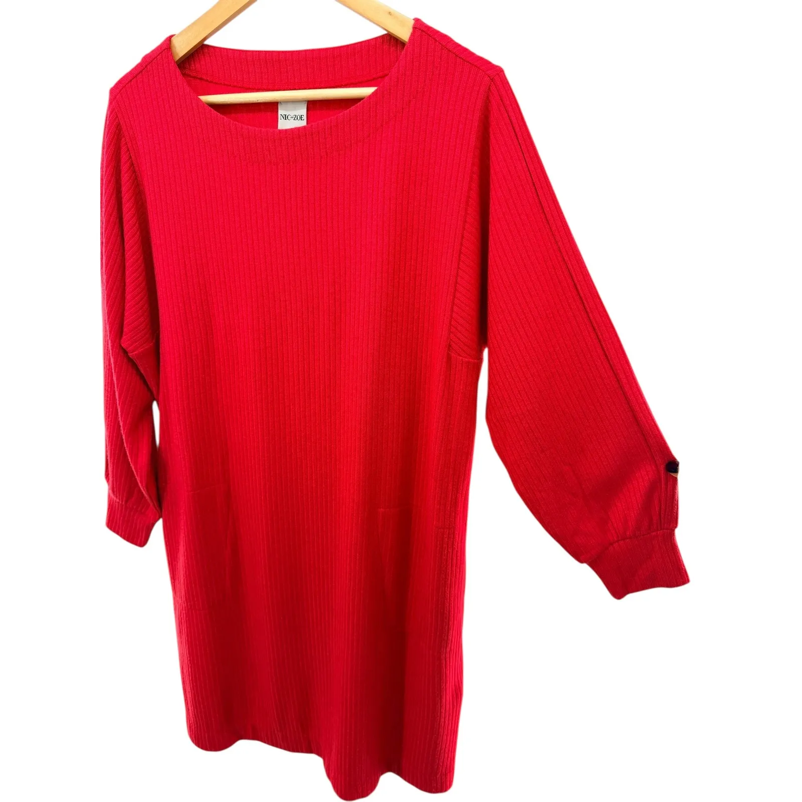 NIC+ZOE Pop Red Rib Knit Long Sleeve Casual Shift Sweater Dress Size Medium NWT - Image 2