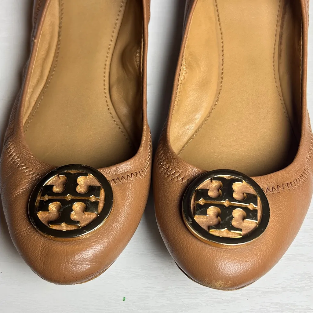 Tory Burch Brown Leather Flats with Gold Logo - Image 2