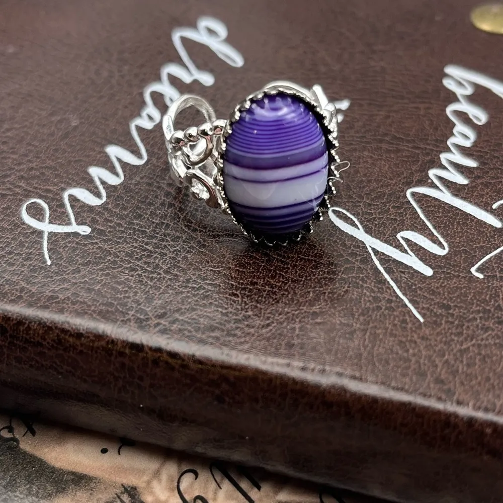 Handcrafted Purple Striped Glass Oval Cabochon Silver Stainless Steel Ring - Image 2