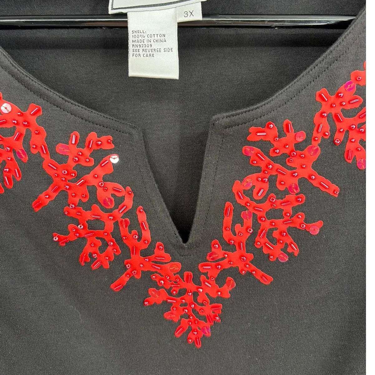 Diane Gilman V-neck Beaded Womens Top Sz 3X Sequin Boho Artsy Black Folksy - Image 4