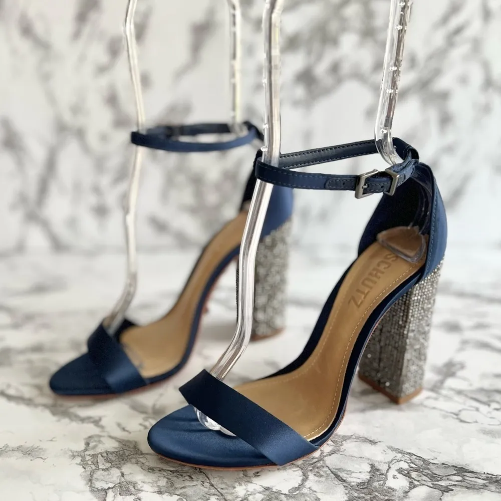 Schutz Hara Blue Satin Rhinestone Ankle Strap Sandals 6 - Image 3