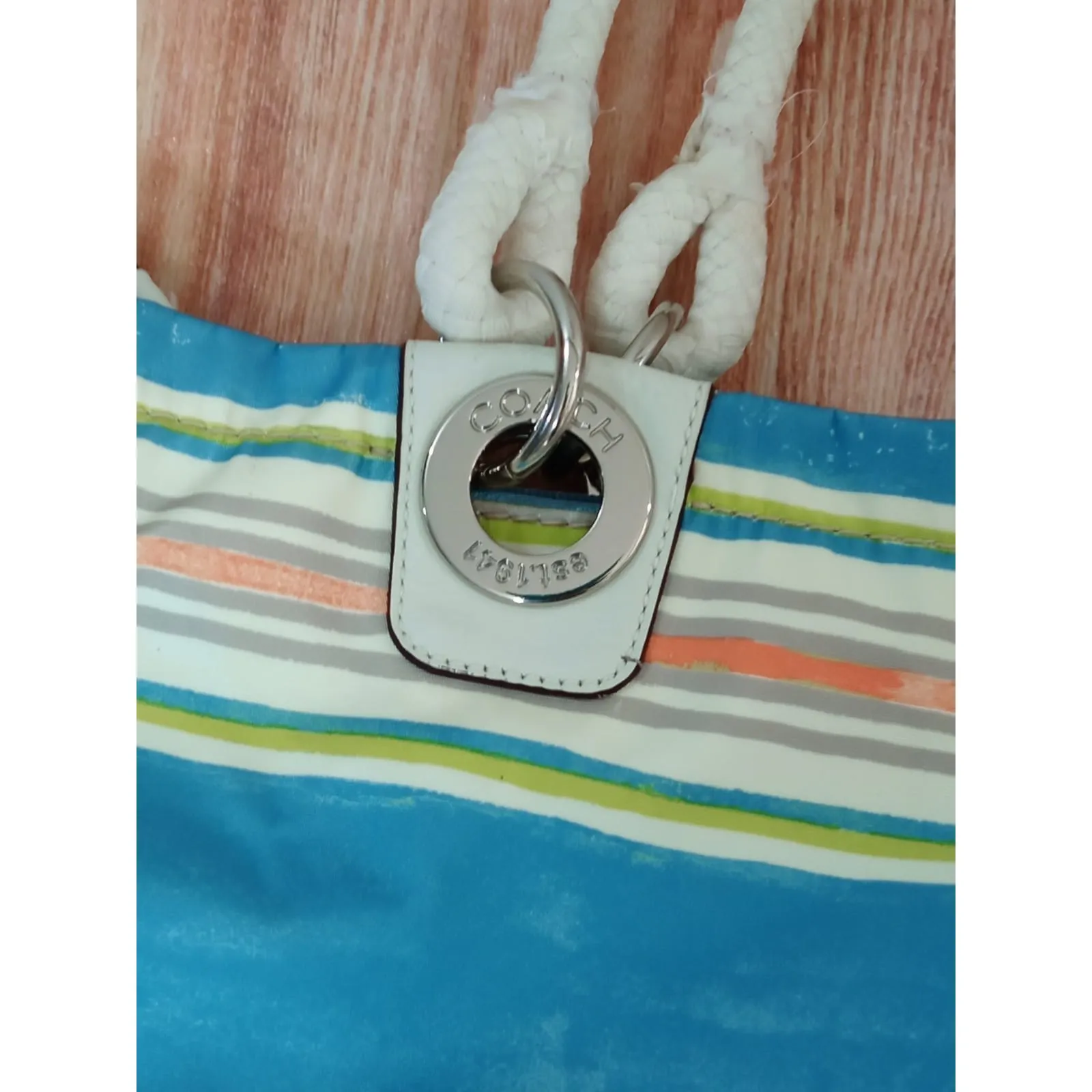Coach Nautical Beach Multi Stripe East West Tote Bag Purse Seahorse Charm RARE - Image 4