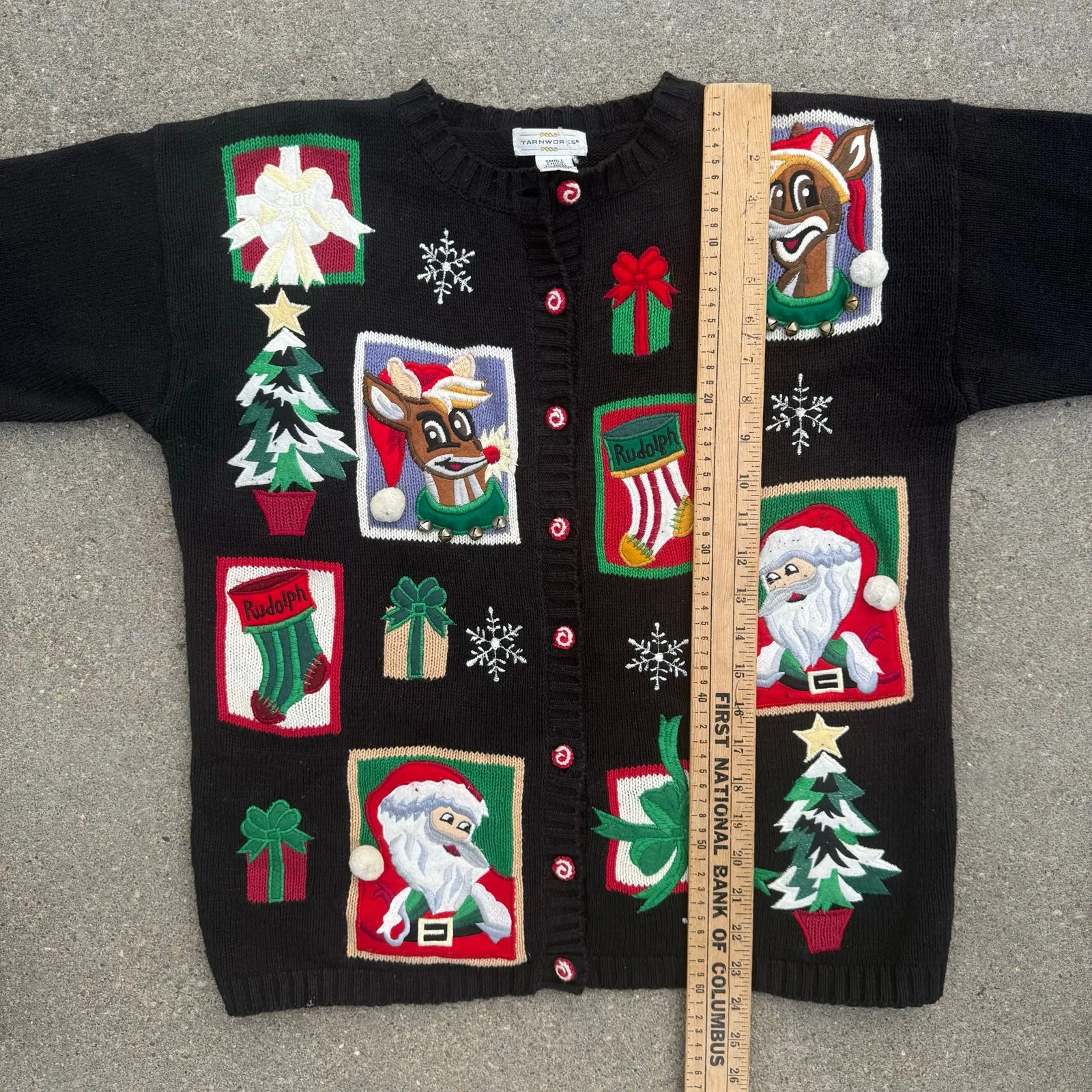 Vintage 90s Yarnworks AOP Rudolph Santa Stockings Tree Christmas Cardigan SMALL Black - Image 7