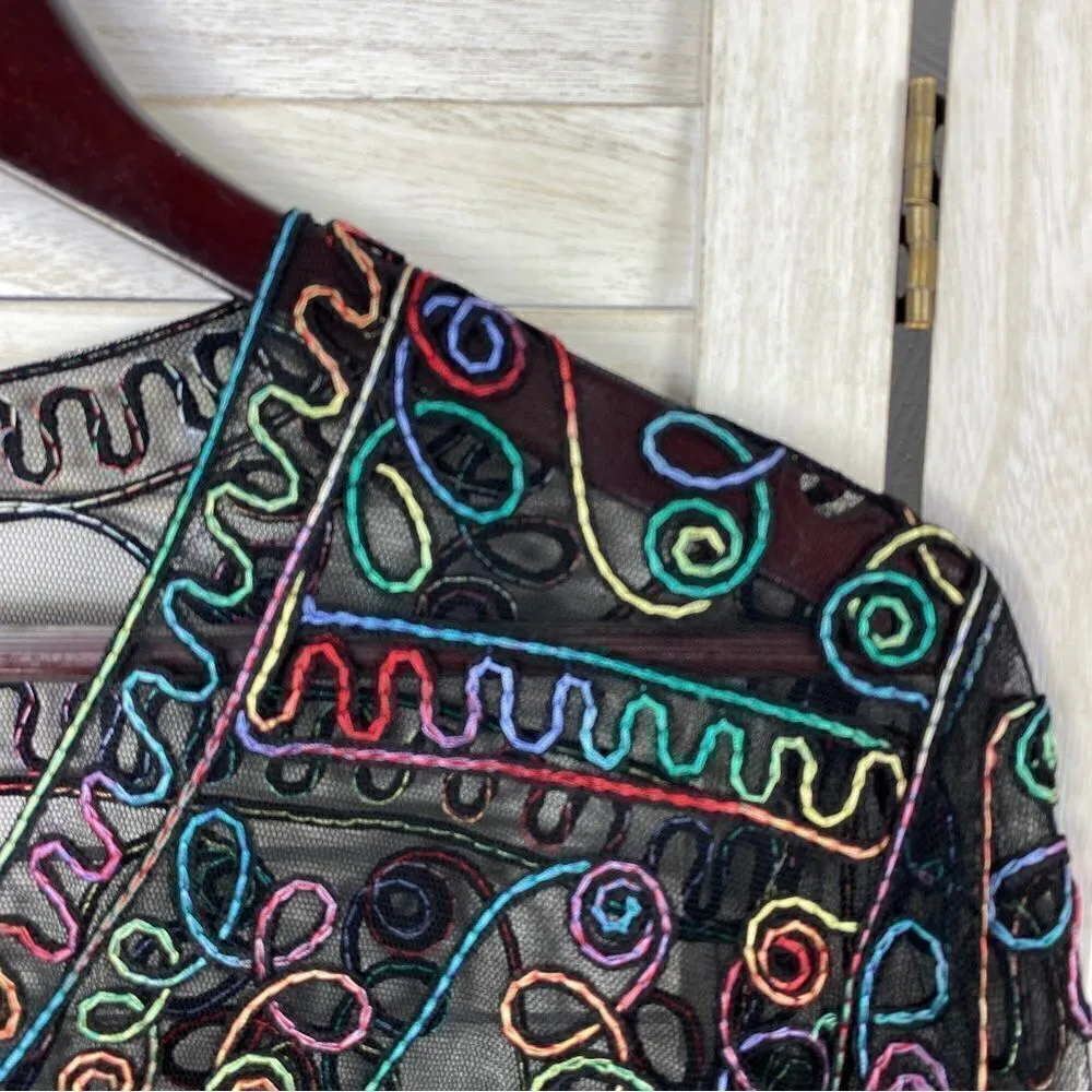 Jeannie‎ Rainbow Embroidered Sheer Button Front Cardigan Shirt Black Medium Black - Image 2