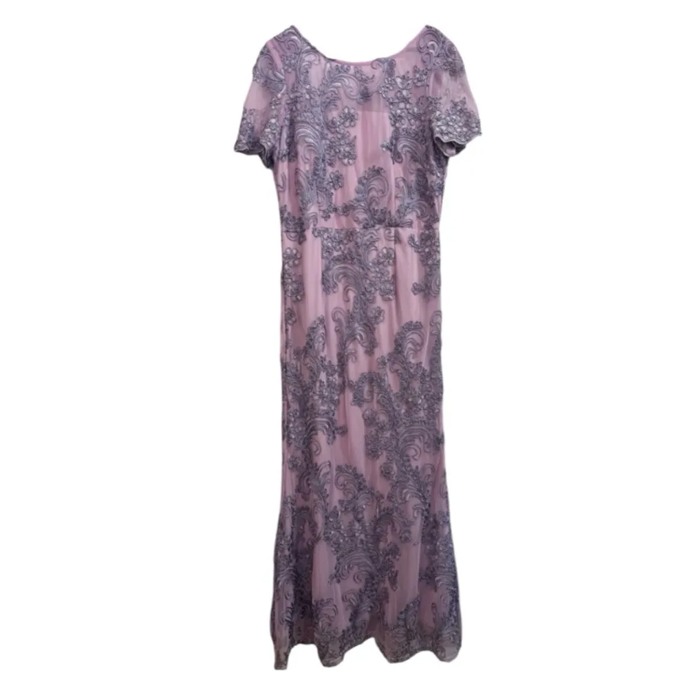 JS Collections Pink and Silver Embroidered Floral Lace Short Sleeve A-line Gown - Image 11