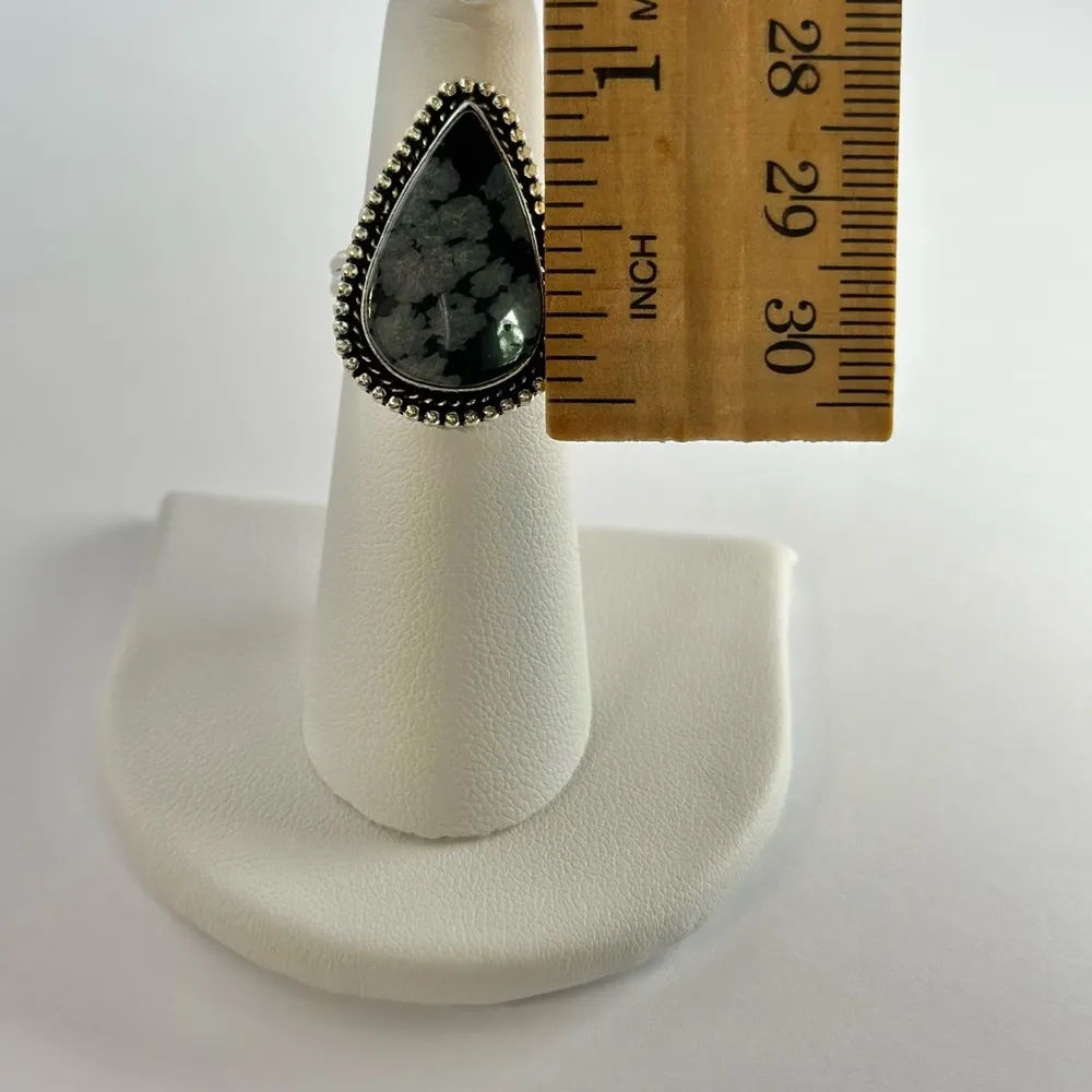 SNOWFLAKE Obsidian Genuine Stone 925 Sterling Silver Ring Black Size 6 - Image 6