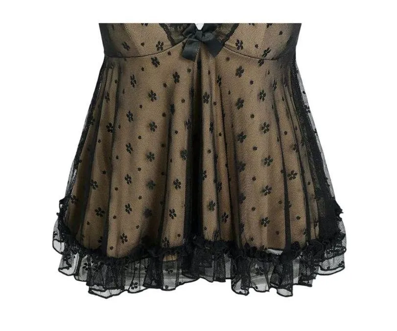 NWT Sexy Floral Lace VNeck Ruffle Cami Stretch Top Adjustable Straps L Black Tan - Image 3