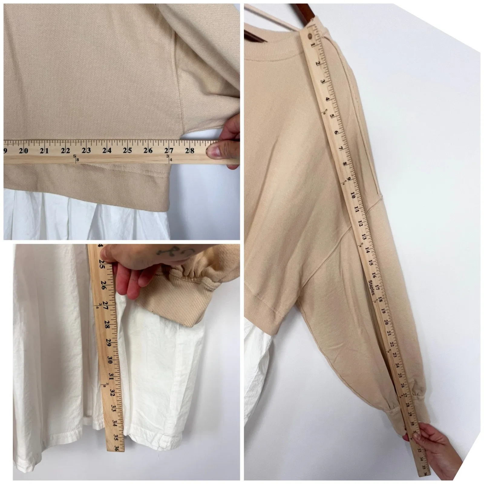 Free People Sweatshirt Dress Top L Cream White Pleated Skirt Layered Oversized - Image 9