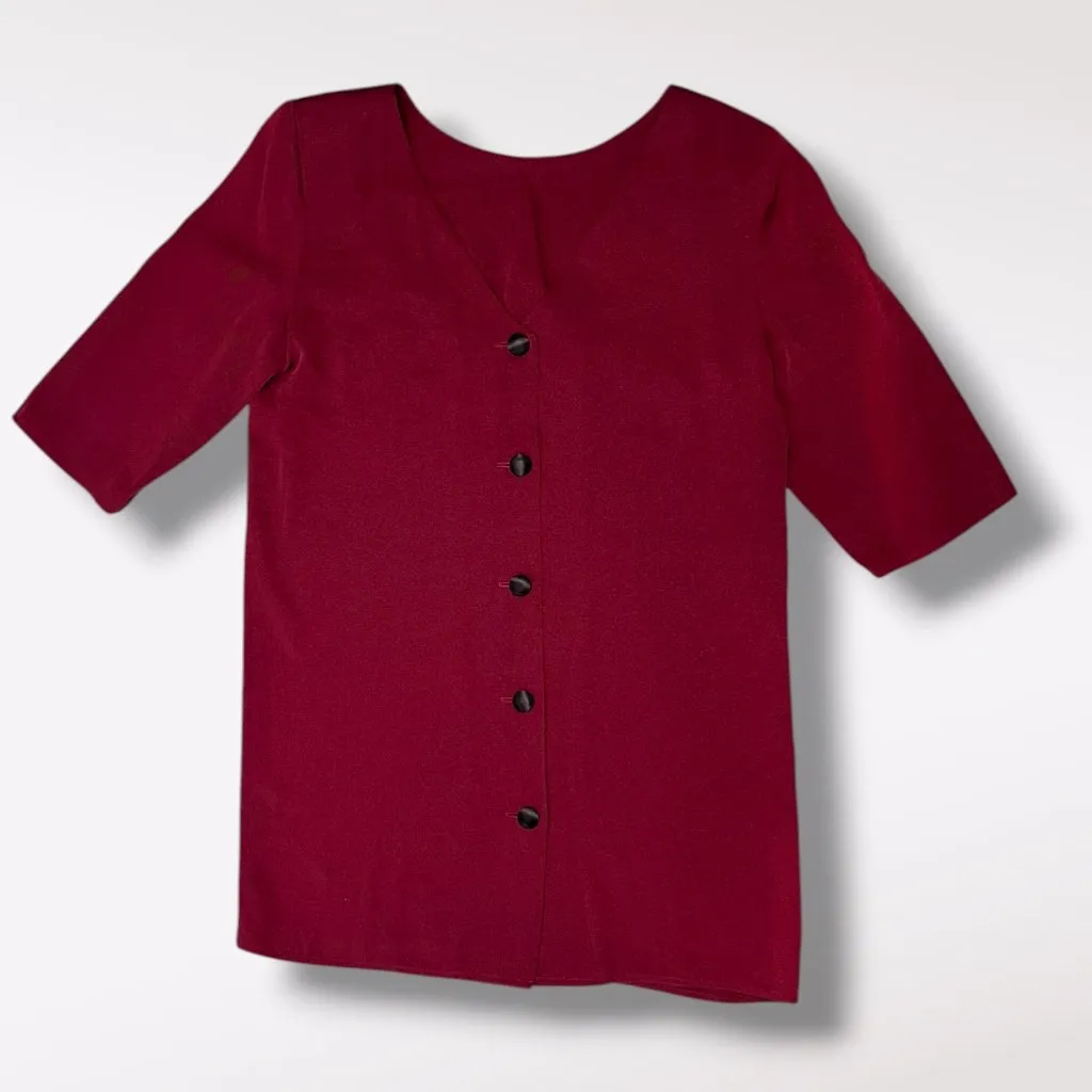 Vintage 80s Maroon Button Up Tunic Top Rayon Size 8 Red - Image 9