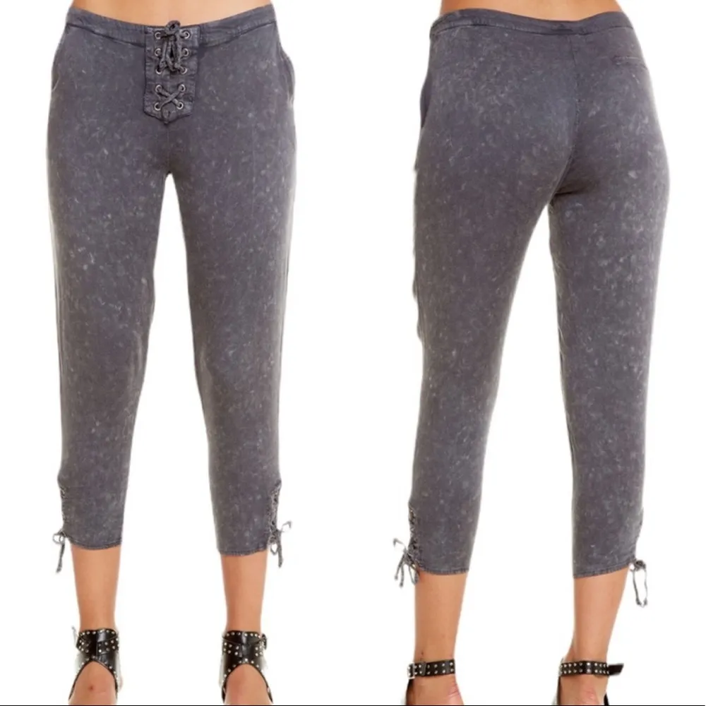 NWOT Chaser Grey Cropped Lightweight Pants Tie Dye Heirloom Lace Up Braided Sz M - Image 5