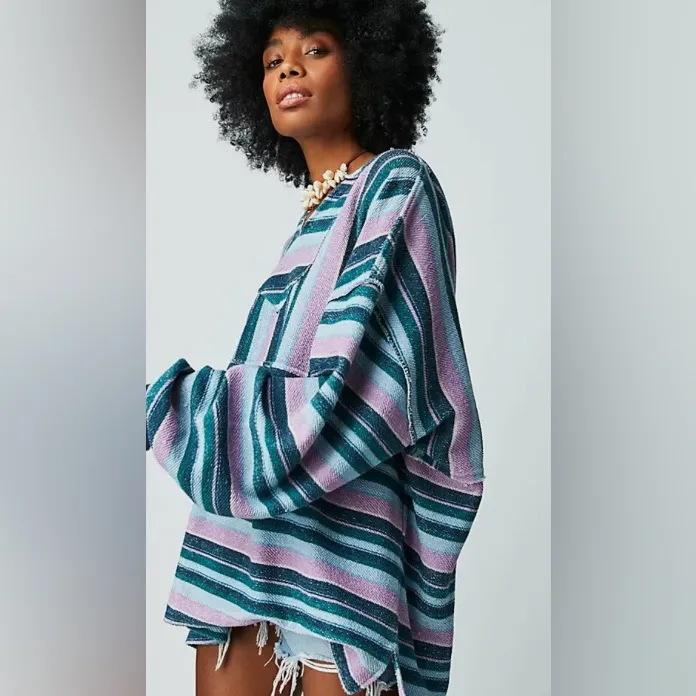 Free People Baja Sweatshirt Oversized V Neck Striped Printed Hoodie Tunic - Image 4