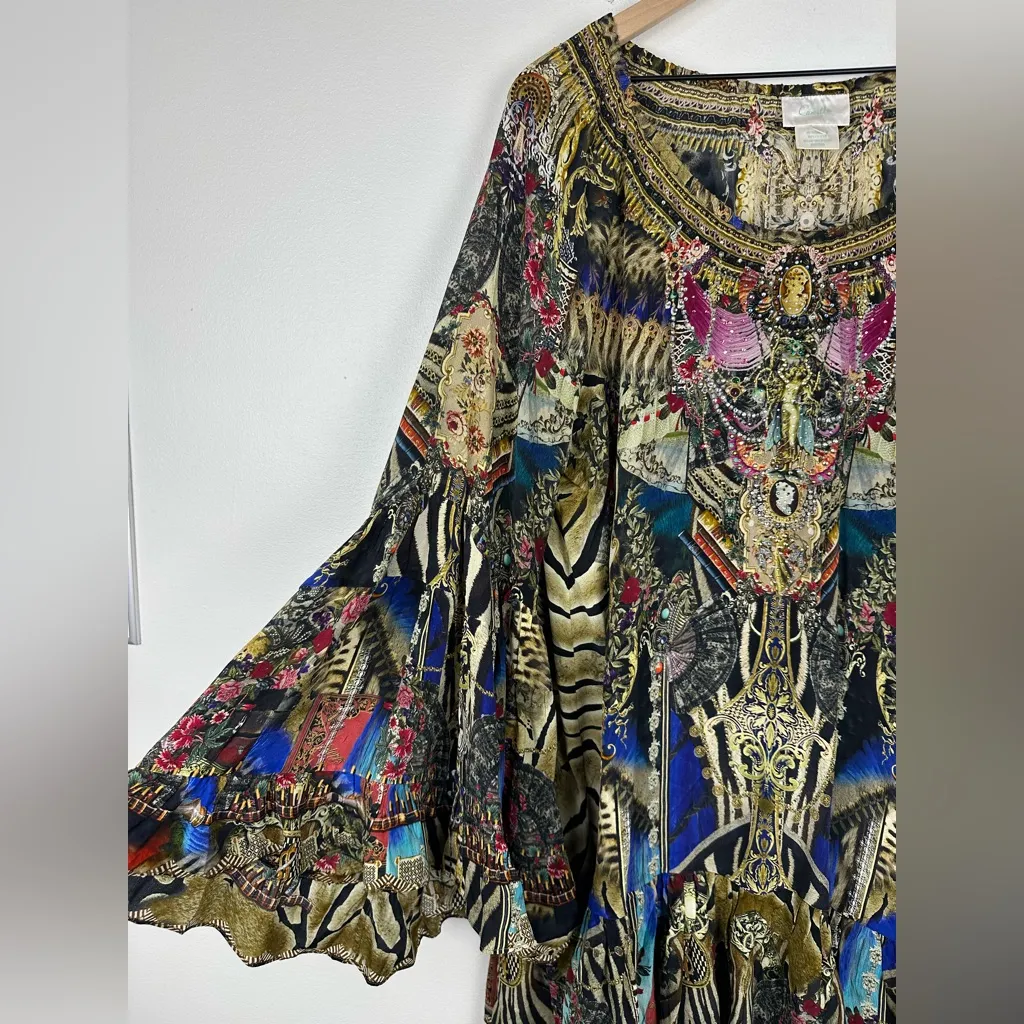 CAMILLA 100% Silk A-line Off the Shoulder Gems Boho Frill Dress Women’s Sz M - Image 10