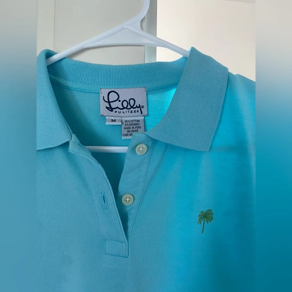 Lilly Pulitzer Vintage Cotton Aqua Blue Golf Polo Shirt with Palm Tree Logo - Image 2