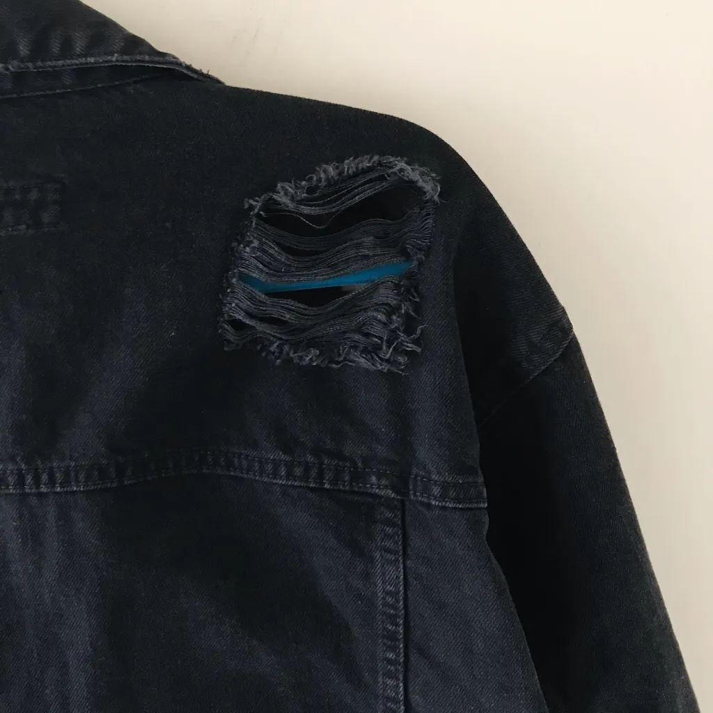 Distressed Black Denim Jacket NWT Size Medium - Image 8