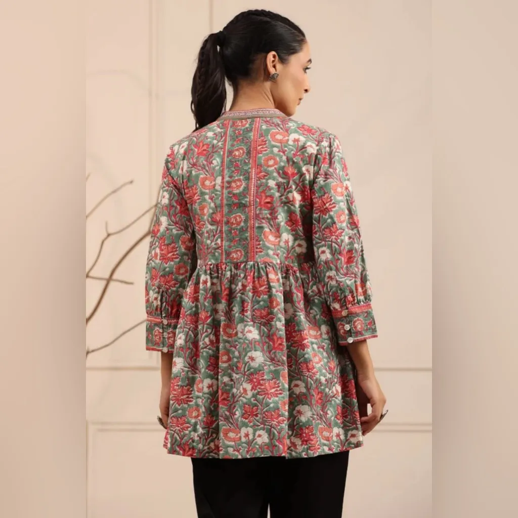 Rain & Rainbow‎ Floral Top Kurti Tunic Peplum Cropped Sleeve Small Women Blouse Pink - Image 4
