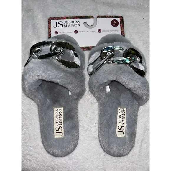 Jessica Simpson Gray Faux Fur Slide Slippers with Silver Chain Womens Size S 6-7 - Image 2
