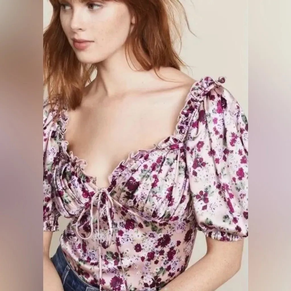 Ronny Kobo Collection Deisha Dusty Rose Floral Stretch Silk Top Puff Sleeves Purple - Image 5