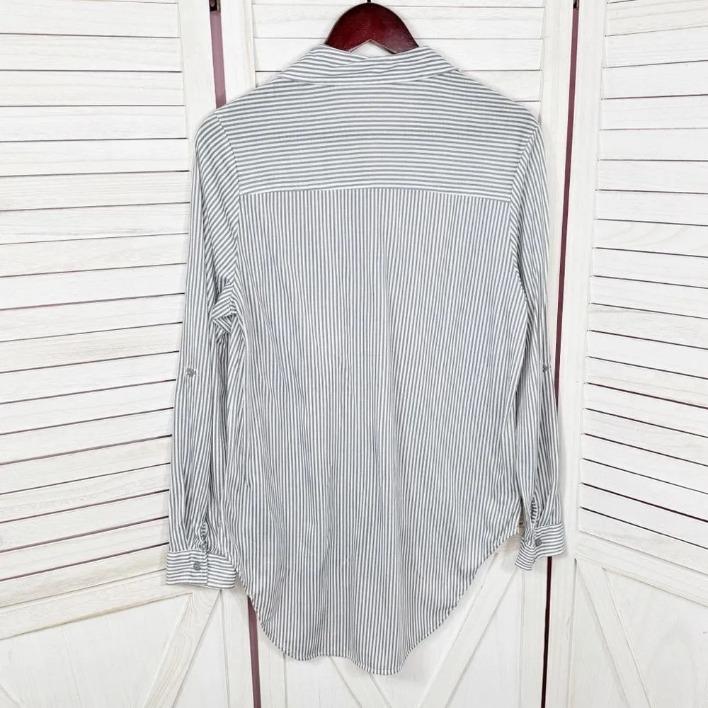 Eden & Olivia Striped Knit Button Up Long Sleeve Shirt Grey White Large - Image 8