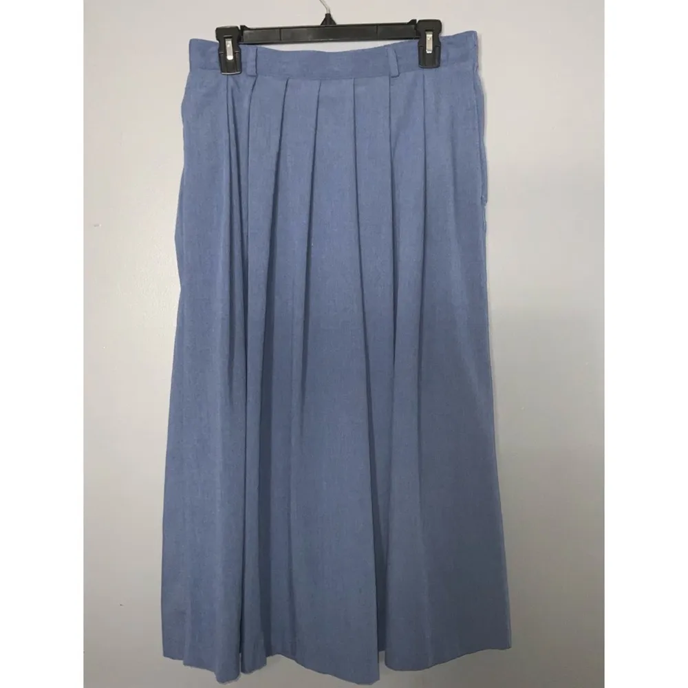 Briggs Vintage 80’s Retro Slate Blue Midi Full Skirt Pleated Front Pockets Sz 14 - Image 2